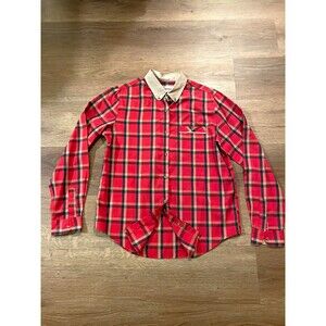 Vintage 90s Essential Macys Red Tartan Plaid Button Up Shirt Tan Collar Sz 12